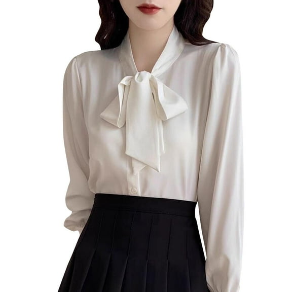 ABATAB Women's Bow Tie Neck Button down Shirts Fall Smooth Silk Blouses Elegant Long Sleeve Satin Tops Casual Business Elegant T-Shirts(X-Large,White)