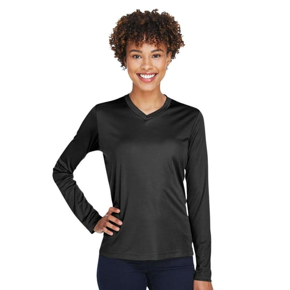 Team 365 Women's Zone Performance Long Sleeve T-Shirt 100% Polyester Lightweight Athletic Casual Tee (Black, L)