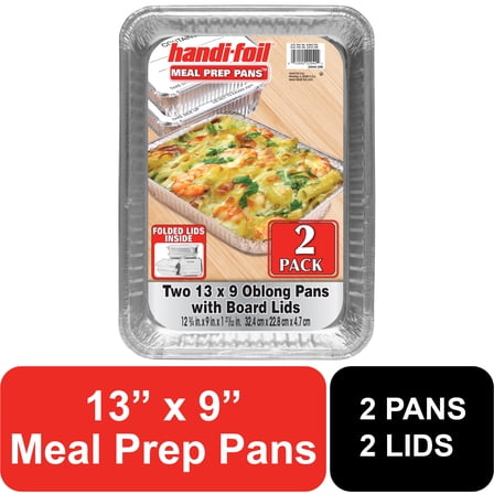 (2 pack) Handi-Foil Aluminum Meal Prep Pan w/ Folded Lid, 2 Count, 13" x 9"