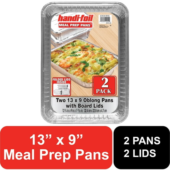 (2 pack) Handi-Foil Aluminum Meal Prep Pan w/ Folded Lid, 2 Count, 13" x 9"