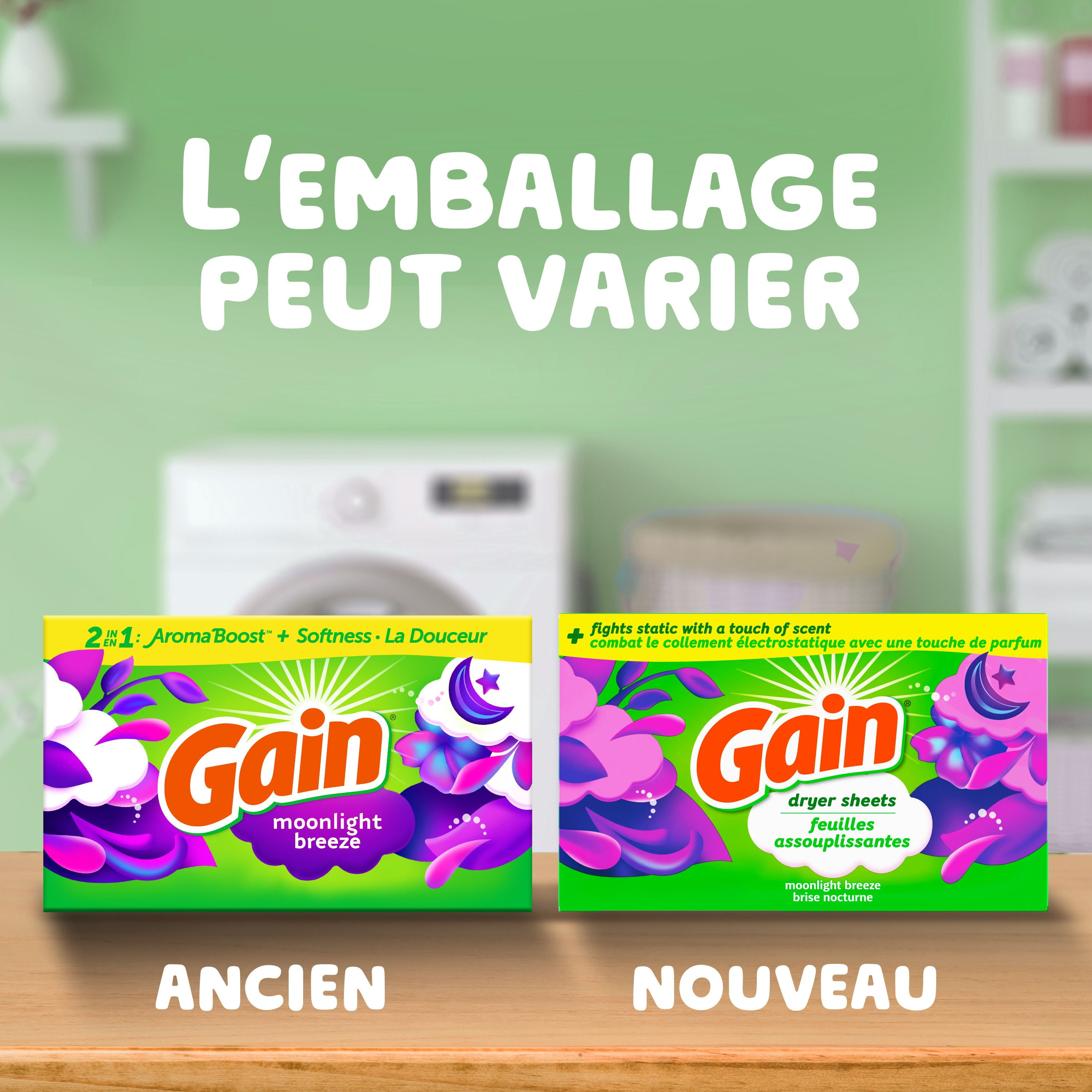 Feuilles assouplissantes Gain, combat le collement électrostatique avec un soupçon de parfum, feuilles pour la lessive, parfum Brise nocturne 200CT