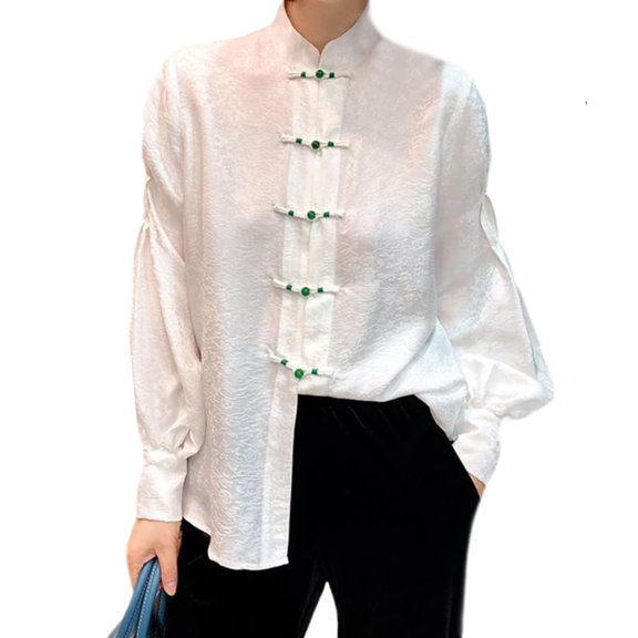 YM YOUMU Women Satin Ethnic Blouse Long Sleeve Mandarin Collar Shirt