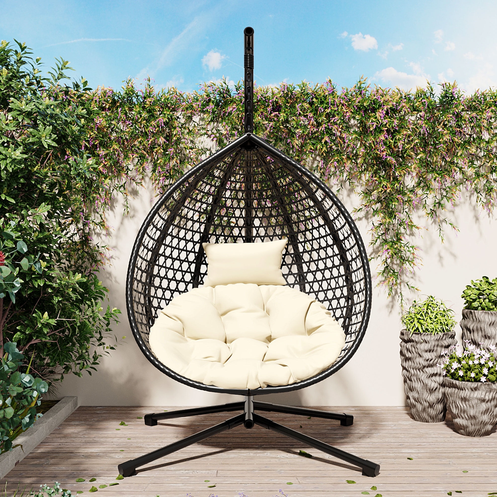 Woven Hanging Egg Chair With Stand, Sturdy Outdoor Swing Chair for Balcony Bedroom, Beige