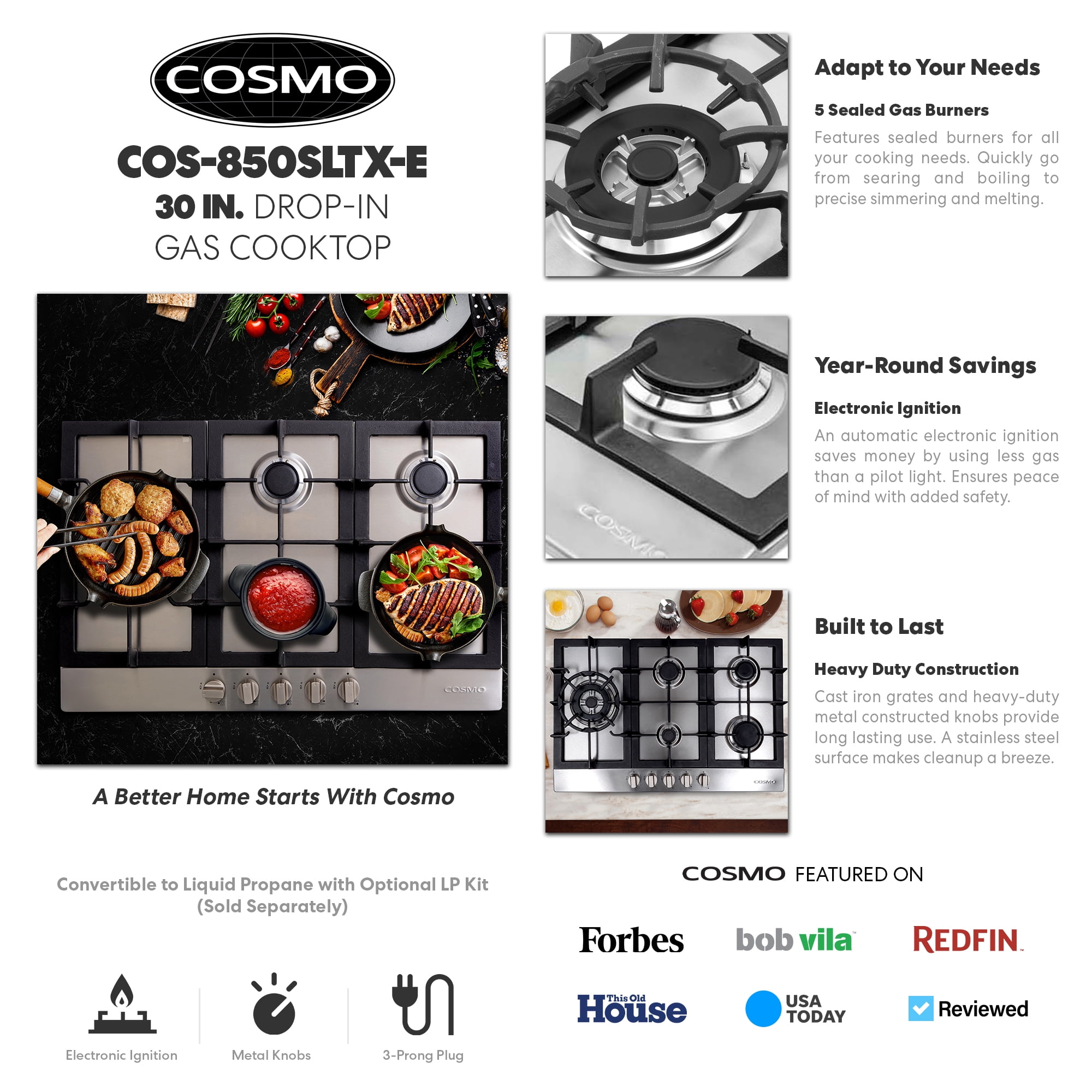 Cosmo 30 in. Gas Cooktop in Stainless Steel with 5 Sealed Brass Burners