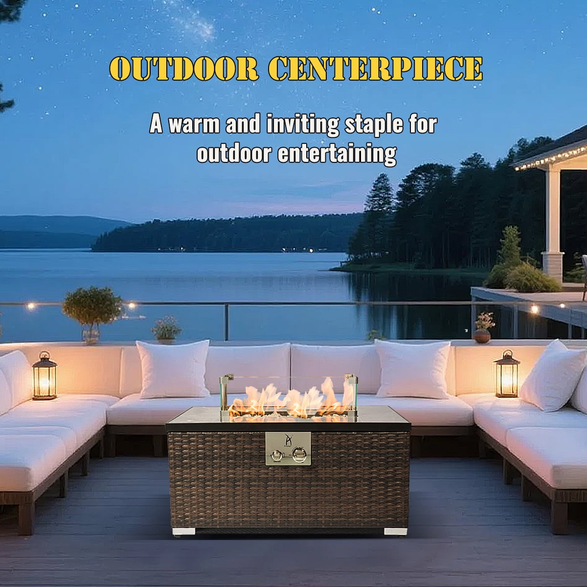 AJ Enjoy 32'' Propane Fire Pit Table, Marble Textured Ceramic Tabletop, 50,000 BTU Fire Table with Brown Wicker, Mix Color Glass Rocks, Including Lid&Cover