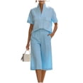 thumbnail image 2 of Karymi Jumpsuits for Women 2-Piece Set, Stand Collar Short Sleeve Top with Flap Chest Pockets + High Waist Wide Leg Culottes, Elegant Casual Outfit Vacation Outfits for Women, 2 of 5