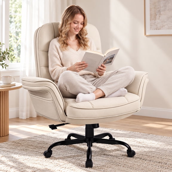 BOSSIN Cross Legged Office Chair with Flip-up Armrests, 135° Reclining Ergonomic Executive Chair for Big and Tall, Wide Seat Computer Desk Chair with Wheels, Beige