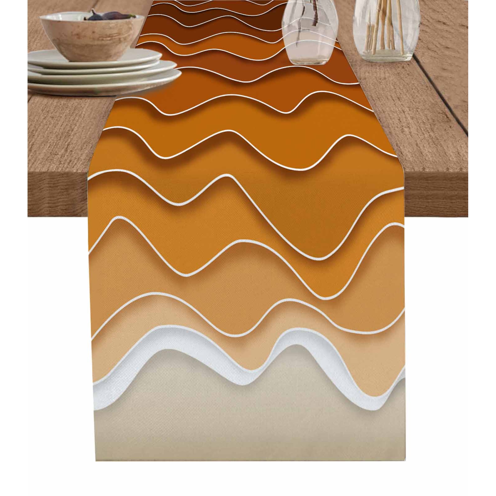 Hokiten Table Runners 108 Inches Long Dress Scarves Orange Ocean Waves Farmhouse Coffee/Dining/Kitchen Table Runner for Living Room Coastal Country Abstract Ombre Stripes 13x108 Inch