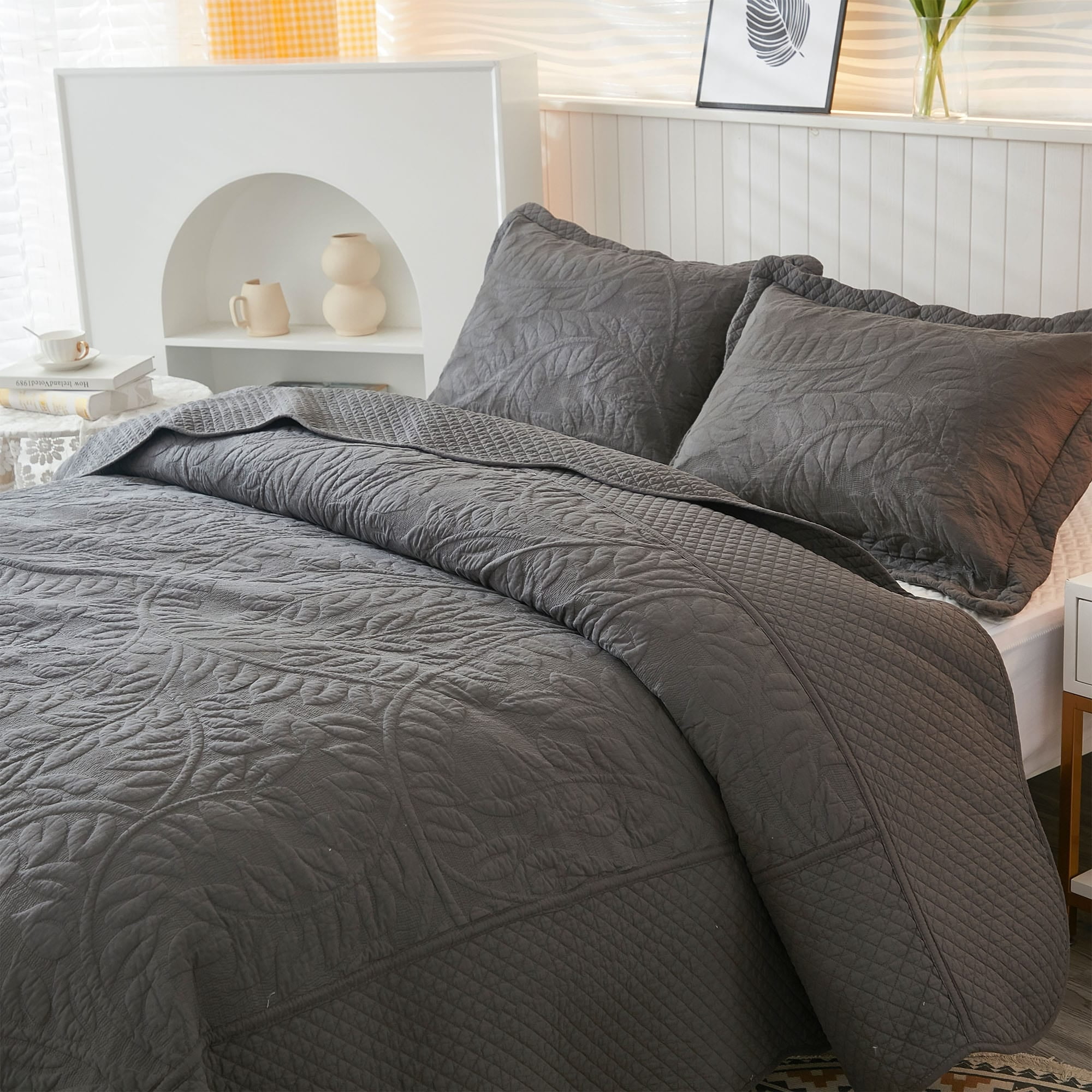 MarCielo  3 Piece Cotton Oversized Bedspread Quilt Set Tmonica Heather Grey - Queen