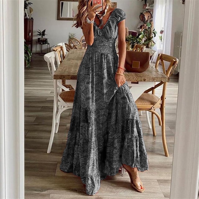 EGNMCR Robes d'Été Femmes Tendance 2024 Mode Femmes Chiffon Été Décontracté Imprimé Col en V Manches Courtes Longue Robe
