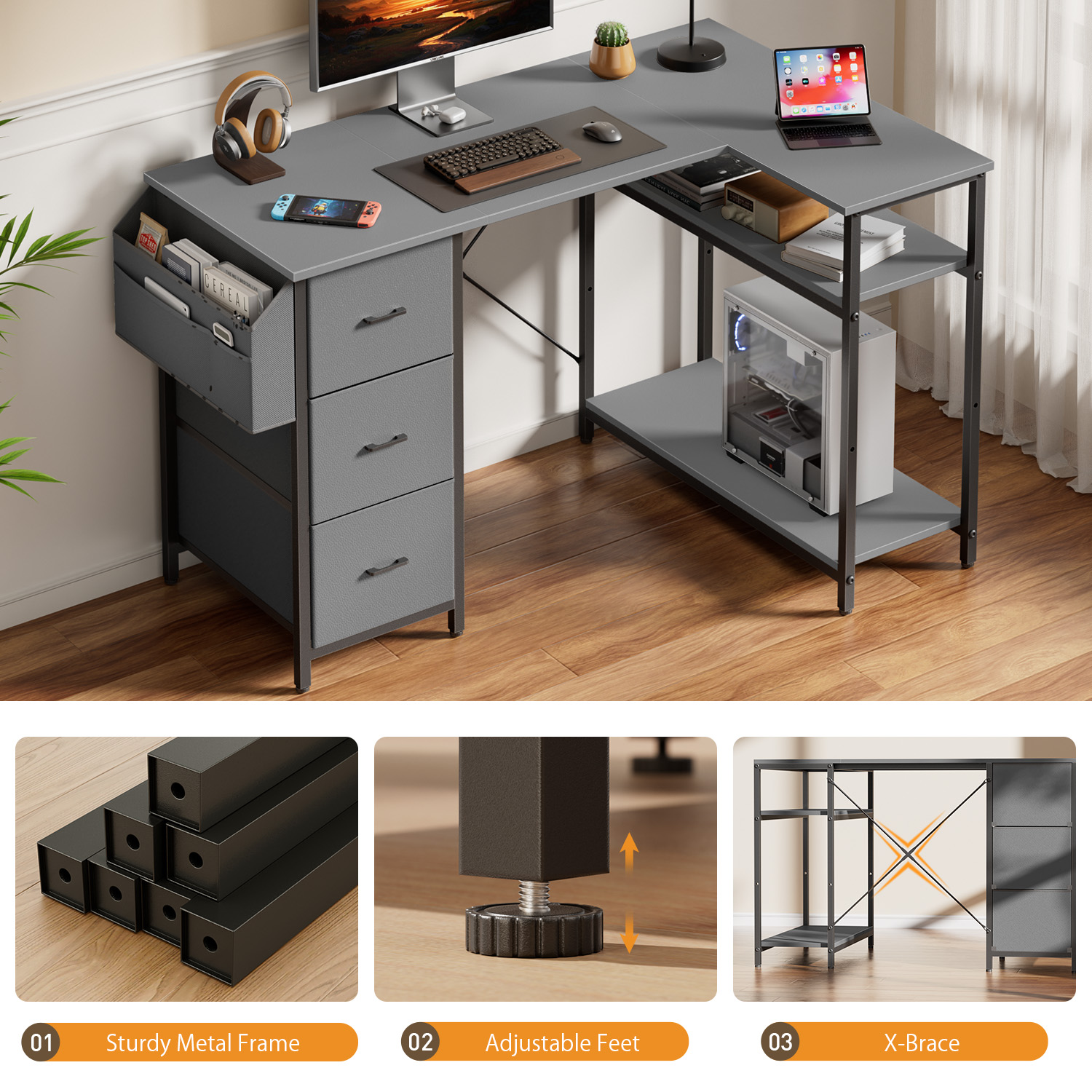 HLDIRECT L Shaped Computer Desk with Drawers & Storage Shelves, 47 inch Corner Desk for Home Office and Bedroom, Gray