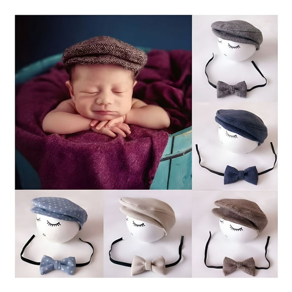 ACDANC Newborn Baby Boys Infant Peaked Beanie Cap Hat   Bow Tie Photography Props Set