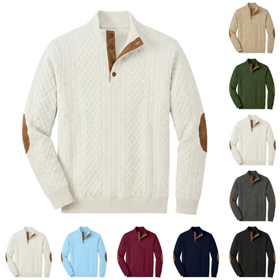 UDAUDU Men's Cable Knit Sweater Casual Stand Collar Vintage Sweatshirt Button Knitted Fall Winter Pullover with Elbow Patches White 4XL