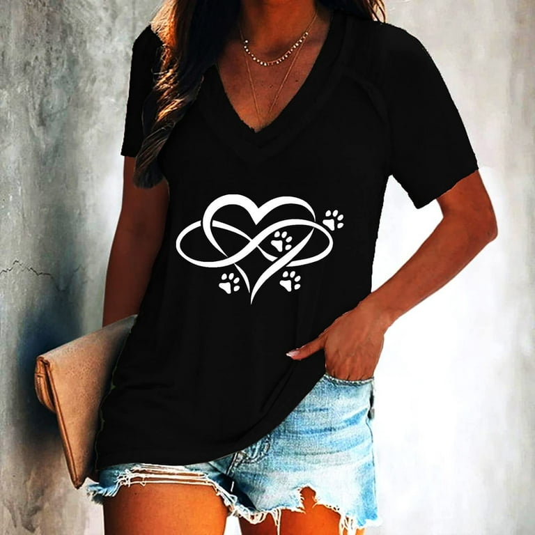 BYOIMUD Clothing Summer&nbsp;Sale Womens Oversized Heart Graphic T Shirt Leisure V Plus Size Blouse Short Sleeve Tunic Tee Blouse Workout Black - Walmart.com