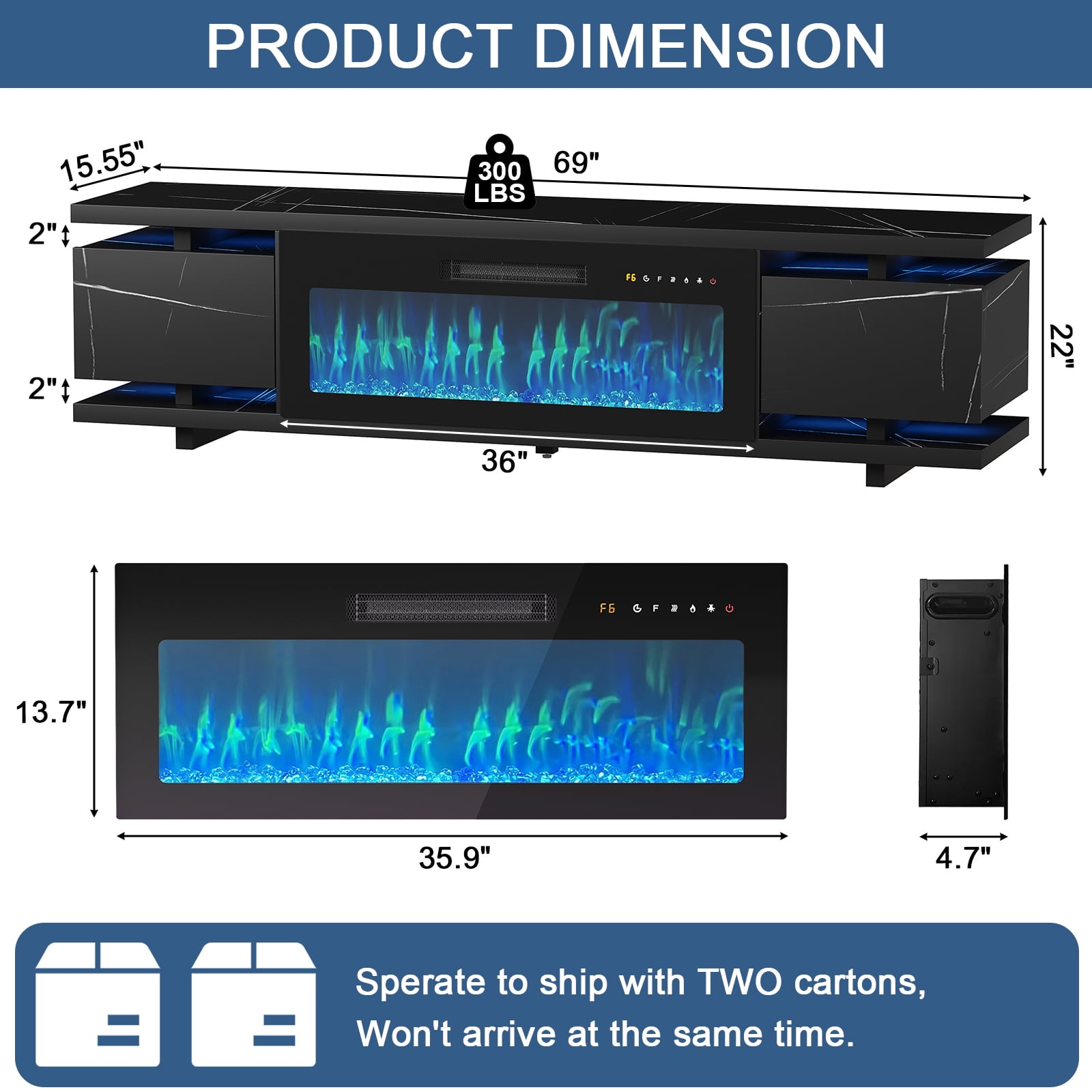Redayfur 69" TV Stands with Electric Fireplace for TVs up to 80",Remote Control and LED Lights,Black
