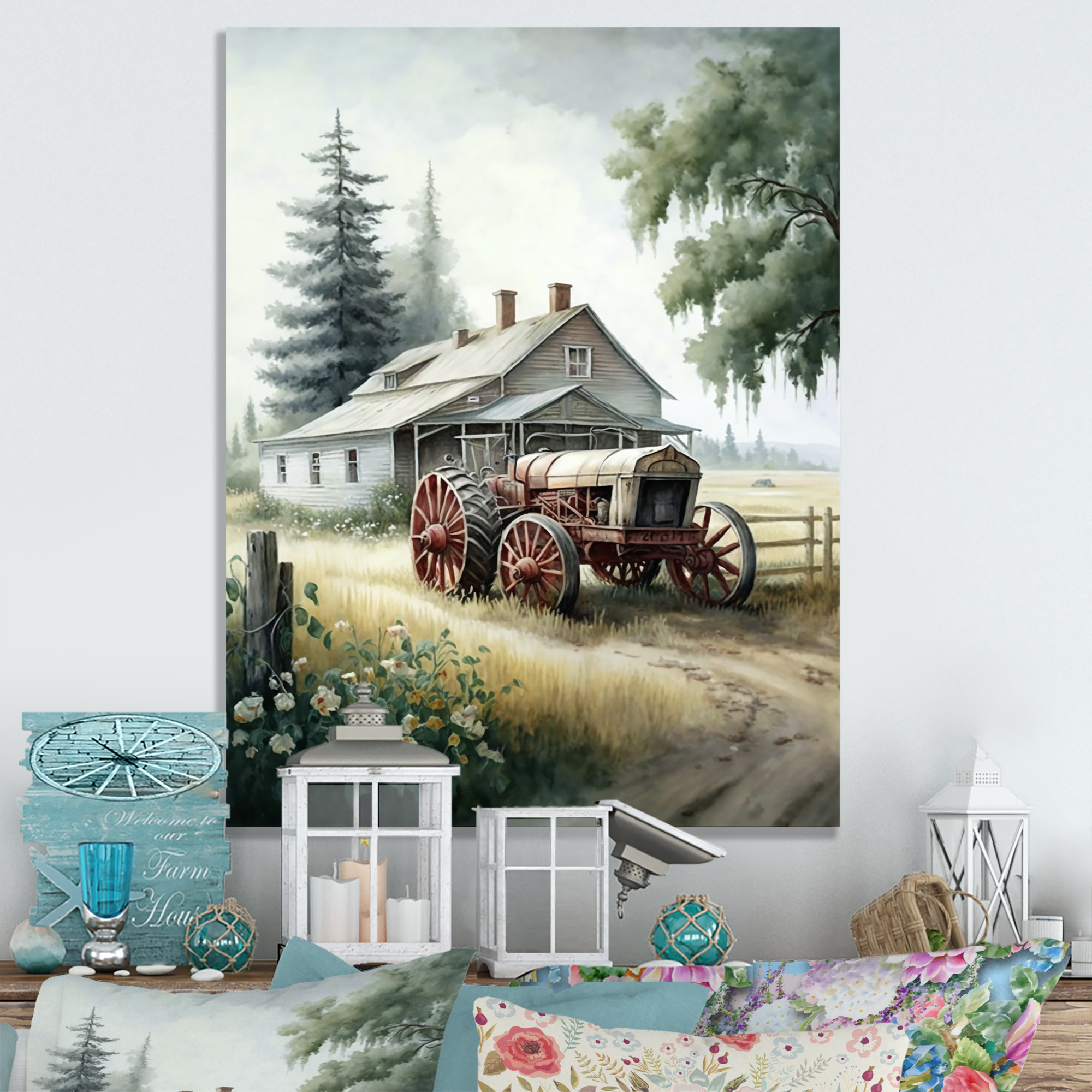 Designart Tractor At The Barn In Summer I Canvas Wall Art