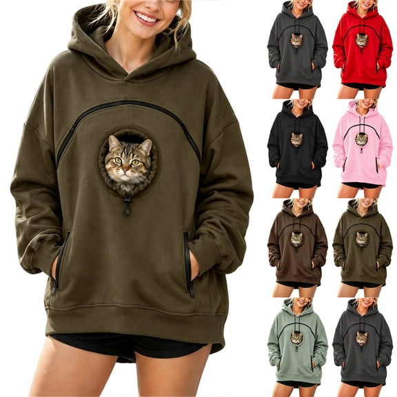 Stralyhd Pet Pouch Hoodie for Women Oversized Sweatshirt with Dog Pouch Sharpa Kangaroo Pouch Hoodie Hooded Animal Carrier Pullover
