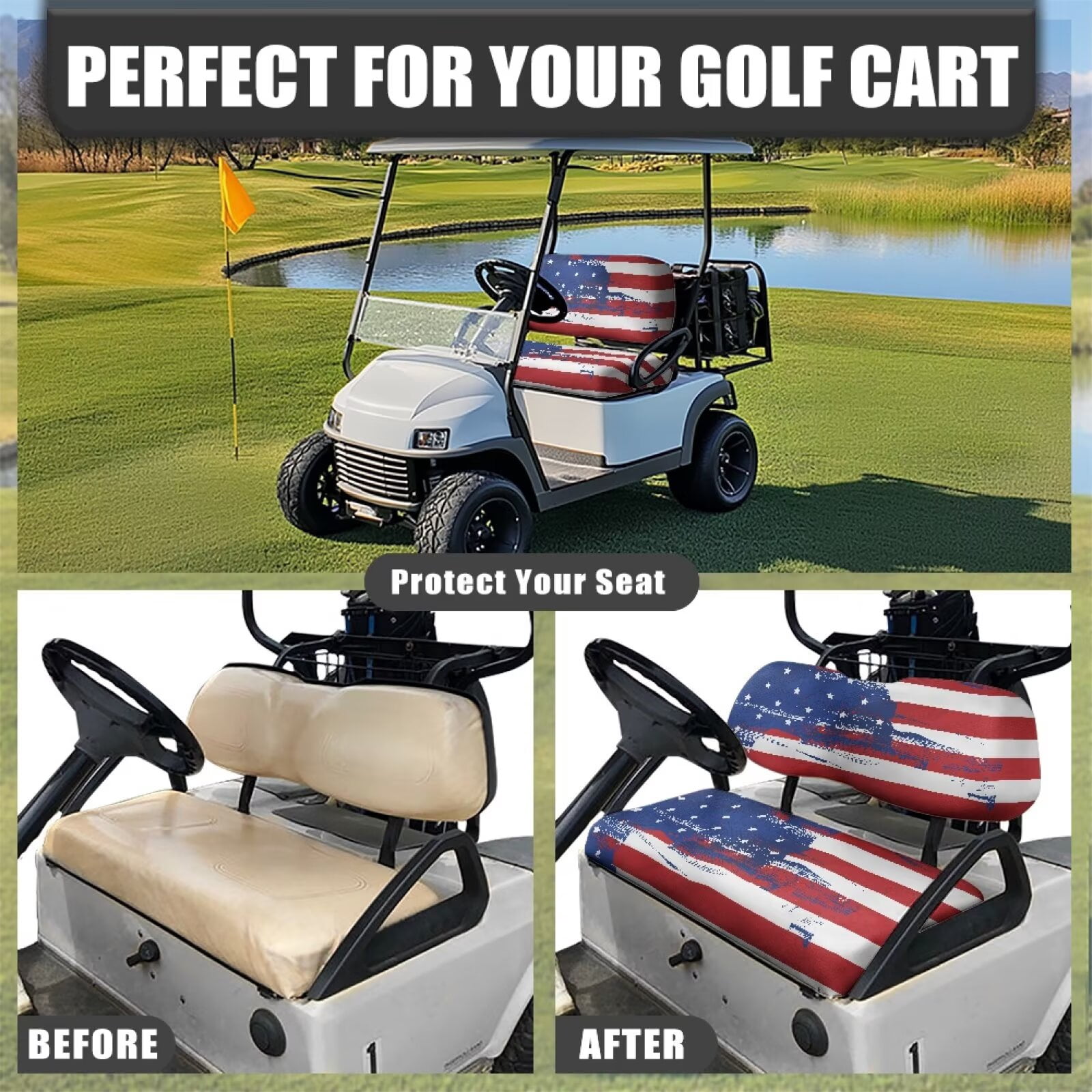 Pzuqiu Universal EZGO TXT Golf Cart Seat Covers Travel Sports Golf Cart Accessories Soft and Comfortable Keep Cool in Summer for 2-Person Seats Club Car, American Flag