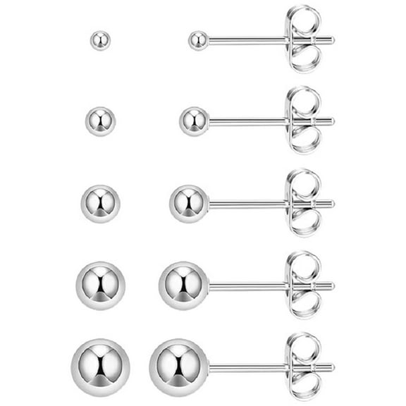 Xukmct 5 Pairs 14K Silver Plated Stud Earrings Lightweight 3-7mm Small Ball Stud Earrings for Women Men, Silver