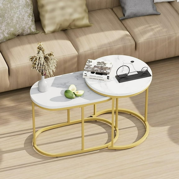 aboxoo Nesting Coffee Table Set of 2 Modern Round White Marble Wood Table,Side Table Gold Metal Frame Oval End Table Small Space for Living Room,Bedroom,Studio Apartment Essential