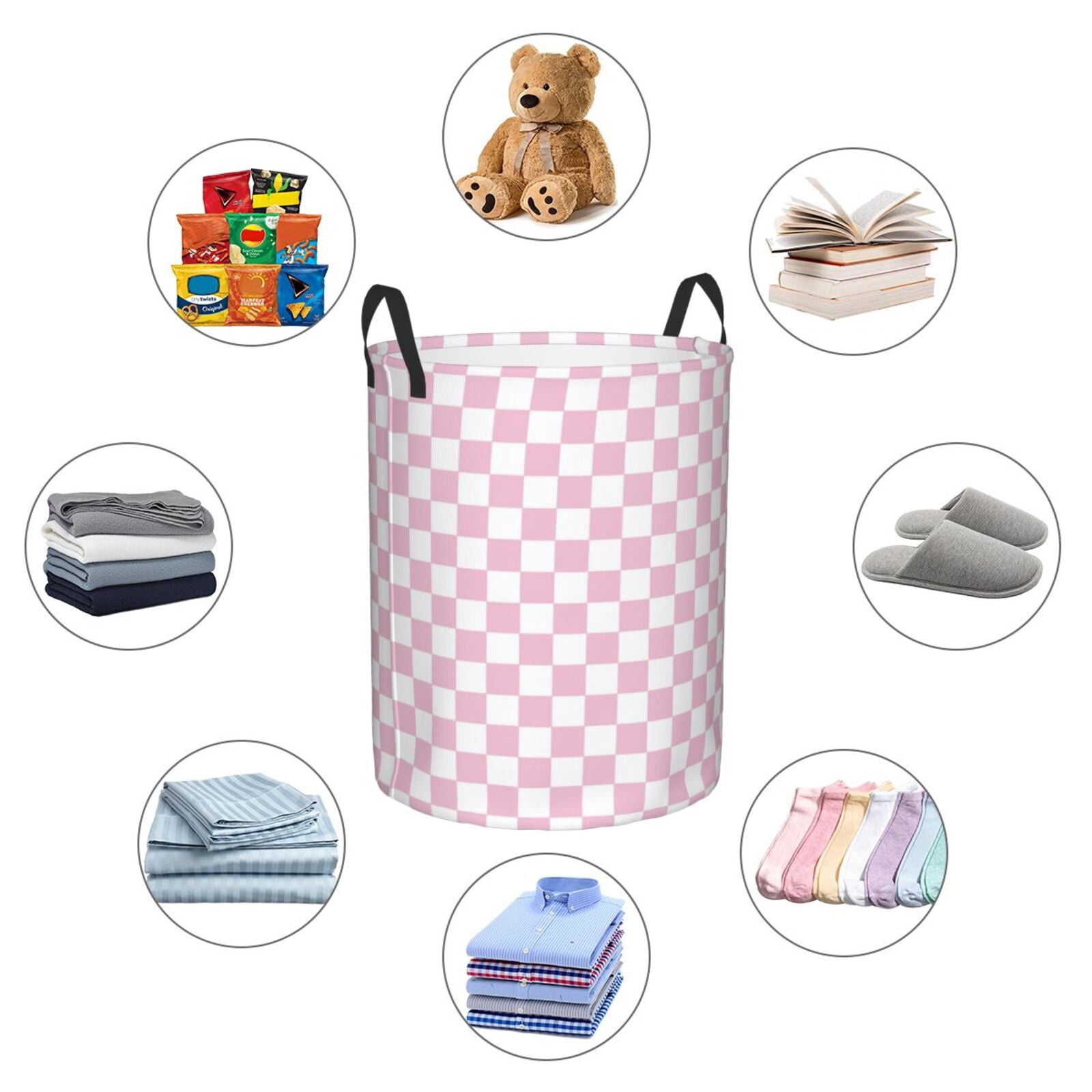 Large Laundry Basket with Handles - chessboard&nbsp;pink white cute Kids Baby Dirty Clothes Laundry Hamper for Bedroom Aesthetic