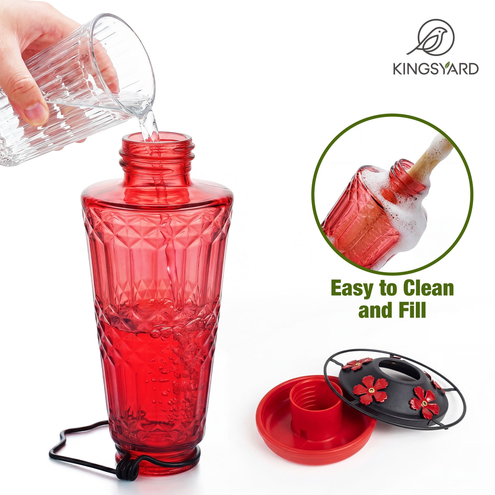 (2 pack) Kingsyard 18.6 oz Red Glass Hummingbird Feeder, 5 Red Ports, Ant Moat Included