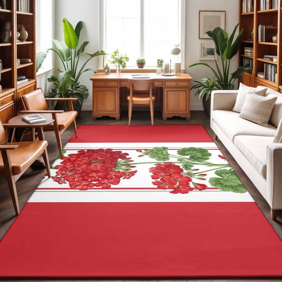 Area Rugs 5'x7', Red Flowers Carpet Runner Indoor Outdoor Rugs Home Decor Aesthetic, Spring Summer Floral Pastoral Botanical Leaf Non Slip Mats Washable Accent Rug for Living Room Bedroom