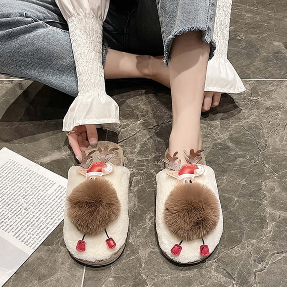 Womens Fall Shoes Christmas Hair-ball Cotton Slippers Baotou Hairy Slippers Women Home Indoor Floor Cute Warm Shoes Womens Slippers on Clearance