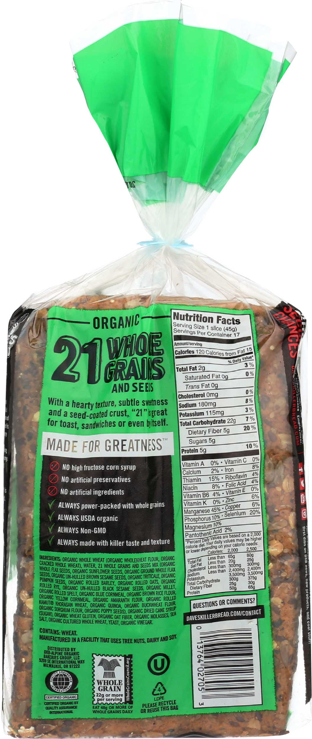 Daves Killer Bread Organic 21 Whole Grain and Seeds Bread, 27 Ounce -- 8 per Case.