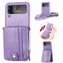 Allytechgroup Wallet Phone Case for Samsung Galaxy Z Flip 4, Premium PU Leather Cards Holder Zipper Pocket Slim Fit Shoulder Strap Shockproof Cases for Girls Women, Purple