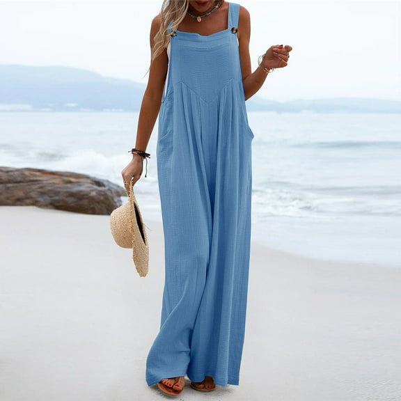 Pntutb Best Women Cold Shoulder Jumpsuit Solid Button Suspender Jumpsuits Wide Pocket Leg Pants