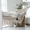 thumbnail image 2 of Graflsoa Nordic Style Fringe Double Hammock with Reinforced Ropes and Storage Bag, 200x150cm, White Canvas & Cotton Rope, Hand Wash Recommended, 2 of 6