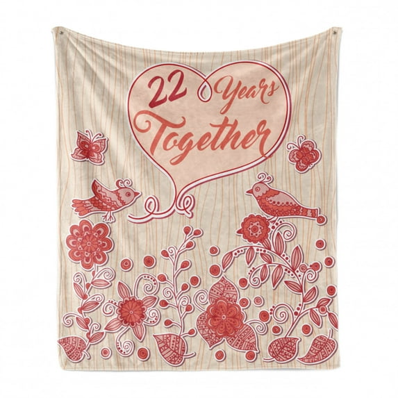 Anniversary Soft Flannel Fleece Blanket, 22 Years Together Lettering with Folk Art Ornamental Birds and Flowers, Cozy Plush for Indoor and Outdoor Use, 50" x 60", Coral and Champagne, by Ambesonne