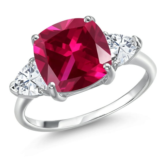 Gem Stone King 10K White Gold Red Created Ruby & White Moissanite 3-Stone Engagement Ring | 5.94 Cttw | Cushion 10MM | Trillion  5MM | Three Stone Wedding Anniversary Promise Ring for Women (Size 6)