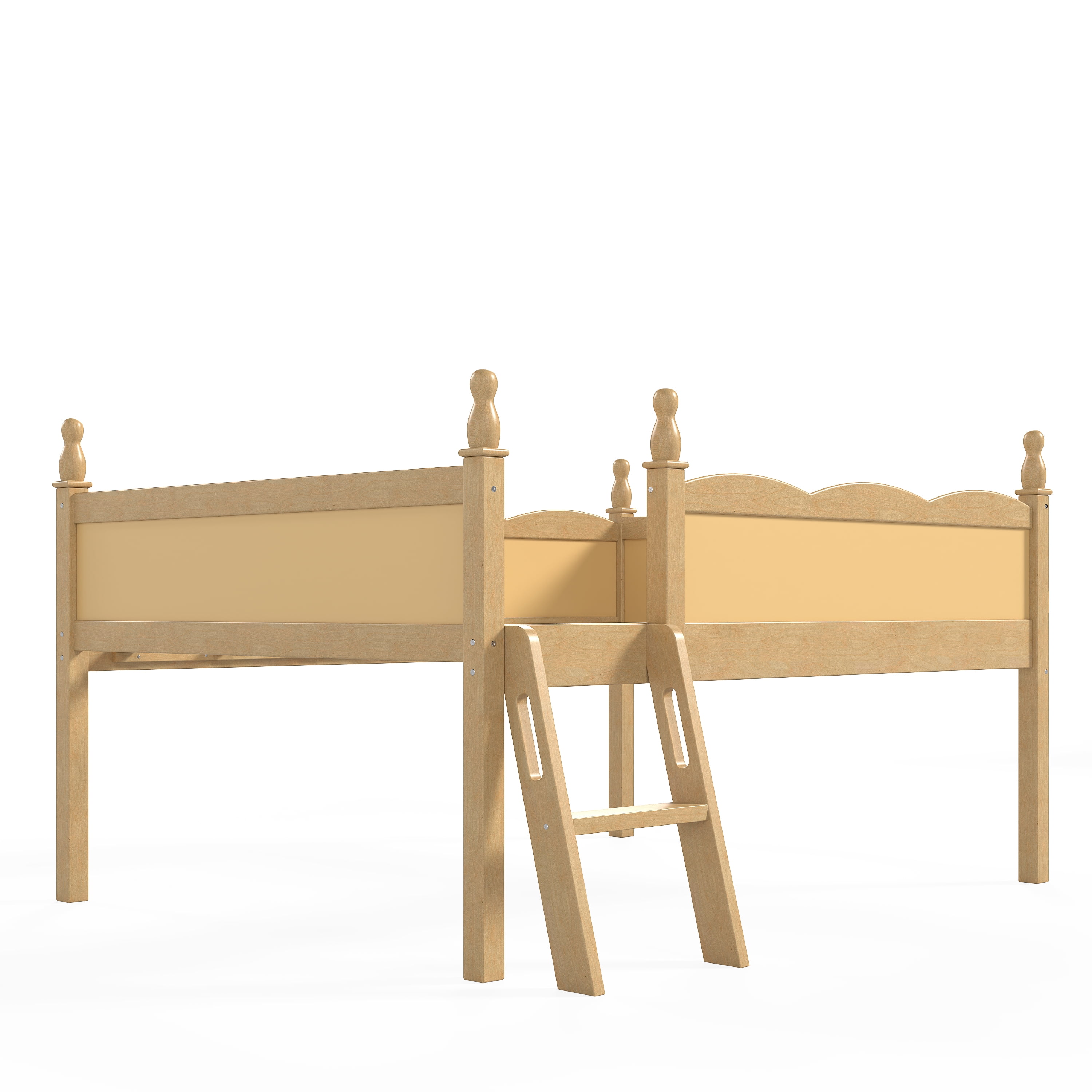 Safe Full Size Low Loft Bed with Full-Length Guardrails and Bookshelf, Solid Wood Bed with Ladder for Kids and Teens, Natural