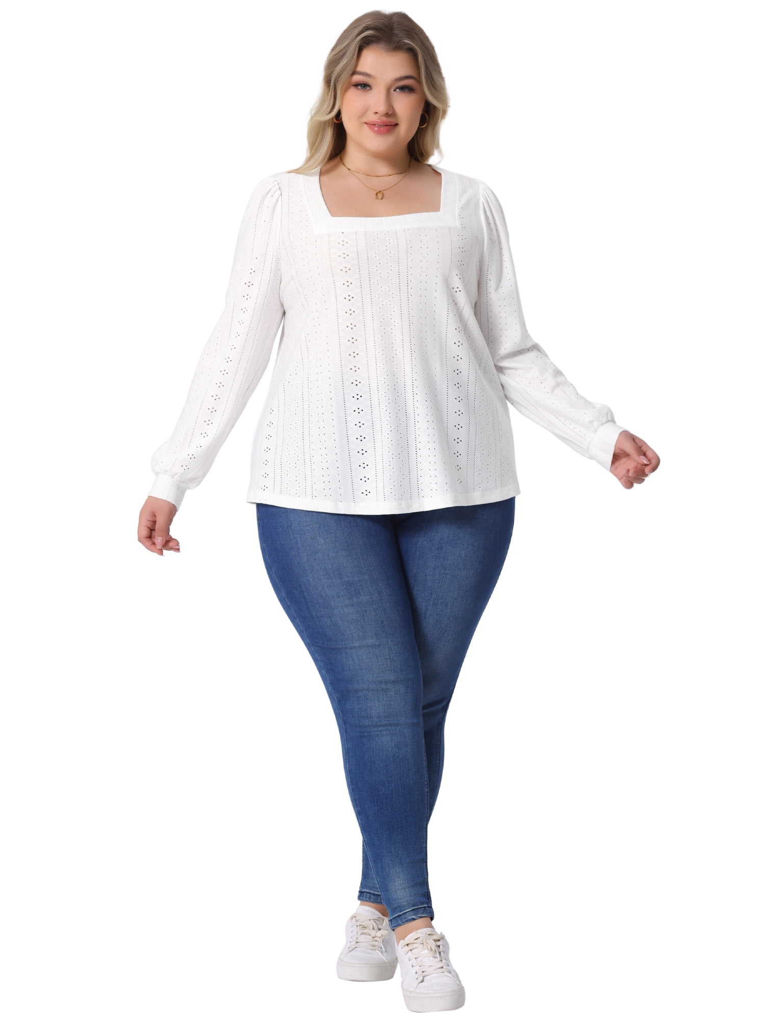 DARING DIVA Women's Plus Square Neck Hollow Dressy Casual Eyelet Shirts 2X White