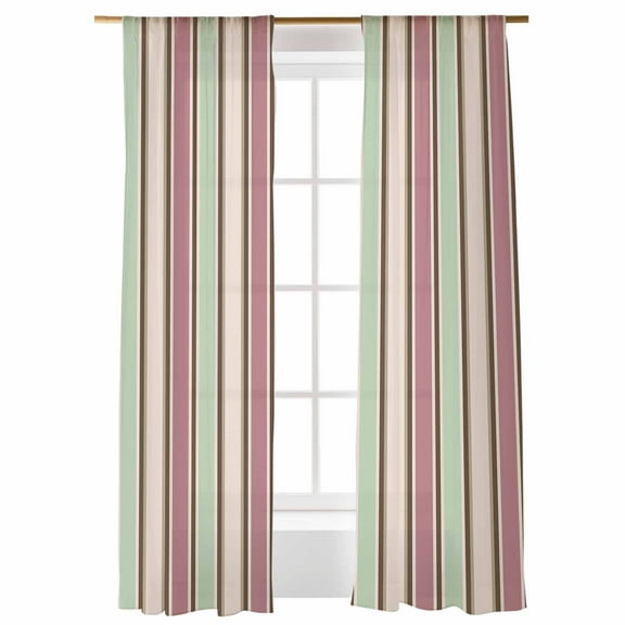 Sheer Curtains 96 inches Long, Vintage Striped Pastoral Pink Green Stripes Abstract Light Filtering Sheer Window Curtains Rod Pocket Voile Drapes for Bedroom Living Room, 52"W x 96"L 2 Panels