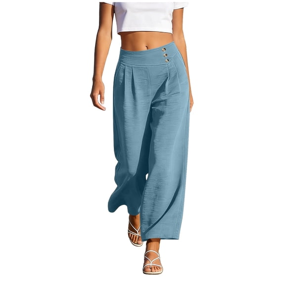 ctdiral Womens High Waist Button Pleated Pants Elastic Waist Wide Leg Pants Solid Color Straight Trousers with Pockets Summer Lounge Going Out Pants Light Blue M