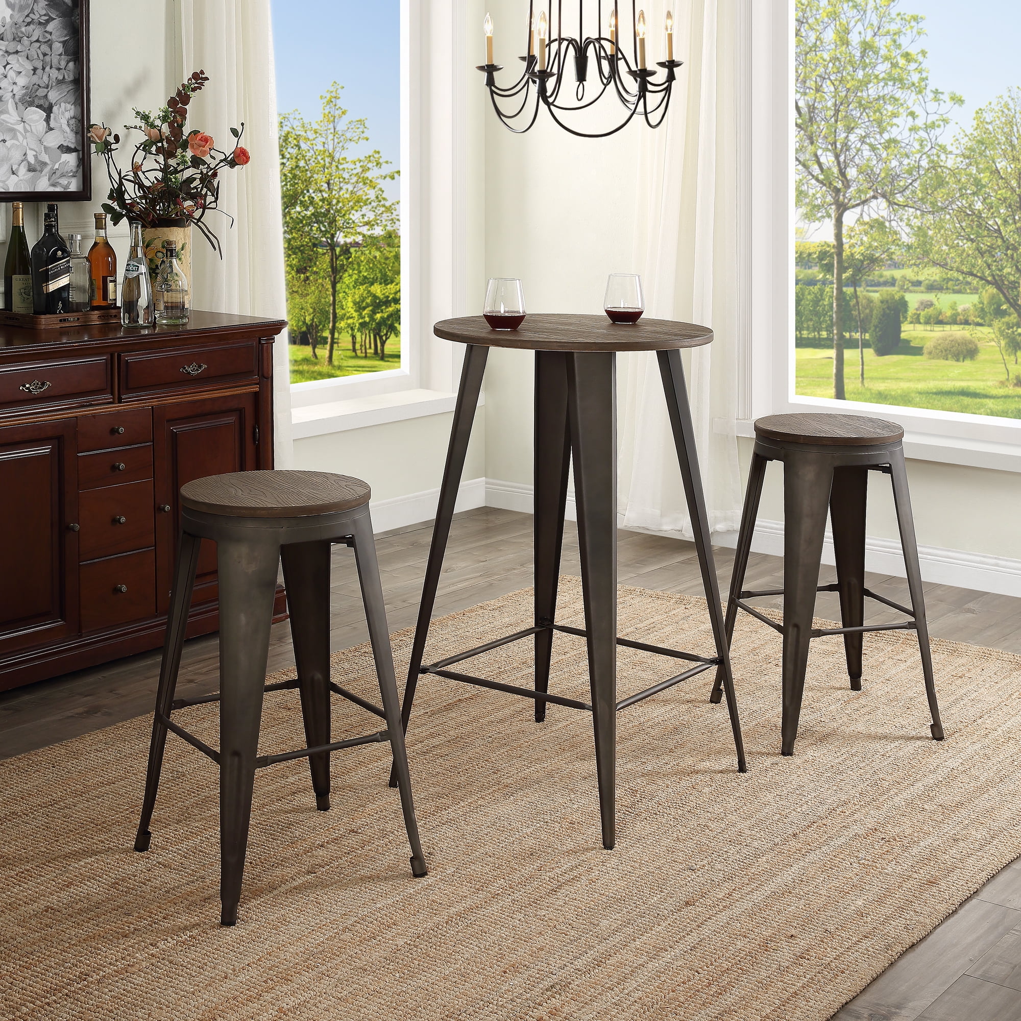 Dining Table Set With 2 Bar Stools, Small Round Bar Height Table Set