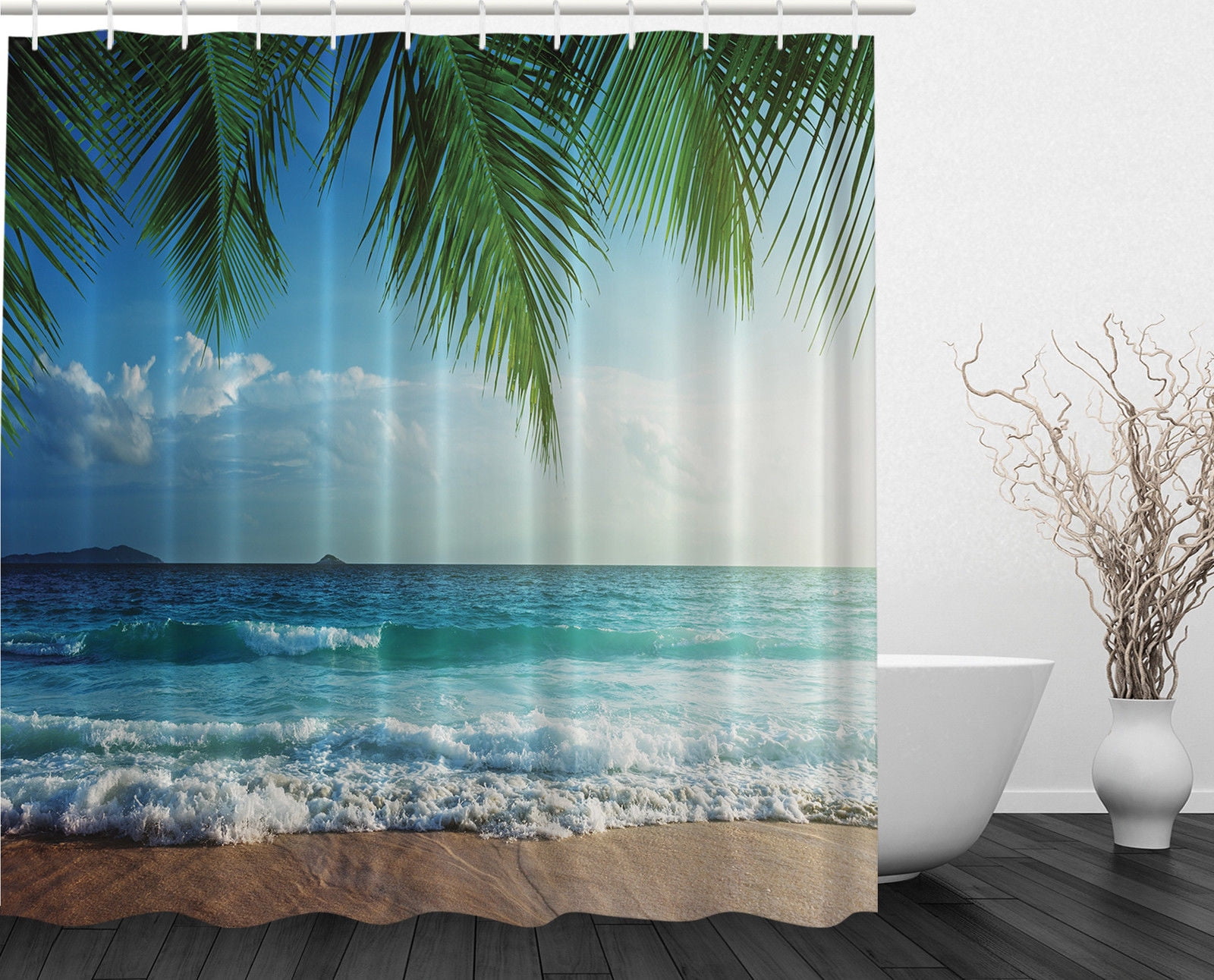 Palm Trees on Tropical Island Beach Panoramic Shower Curtain Extra Long 84 Inch 