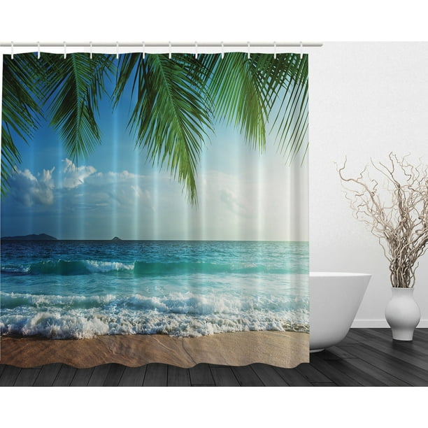Palms Ocean Tropical Island Beach Decor Summer Fabric Extra Long Shower ...