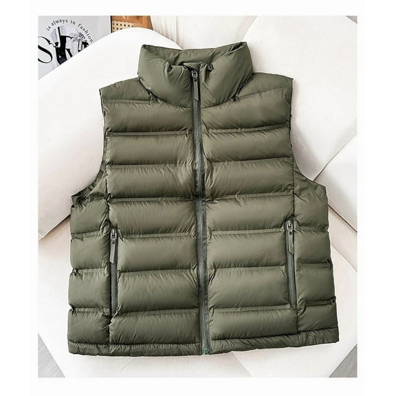 Zedker Puffer Vest Women Slim Fit Lightweight Stand Collar Quilted Zip Outdoor Puffer Vest Coat,Plus Size Army Green L