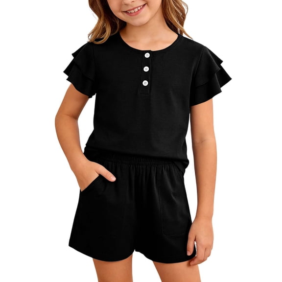 RMGVDSD Tween Girls 2 Piece Outfits Ruffled Short Sleeved Button Down T-Shirt Top And Shorts Set Solid Color Casual Summer Clothes For Girls 5-6 Years