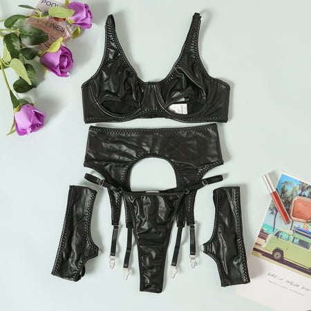Generic New PU Leather Nightclub Hot Girl Three-Point Hollow Backless Body Shaping Sexy Lingerie Suit 26865