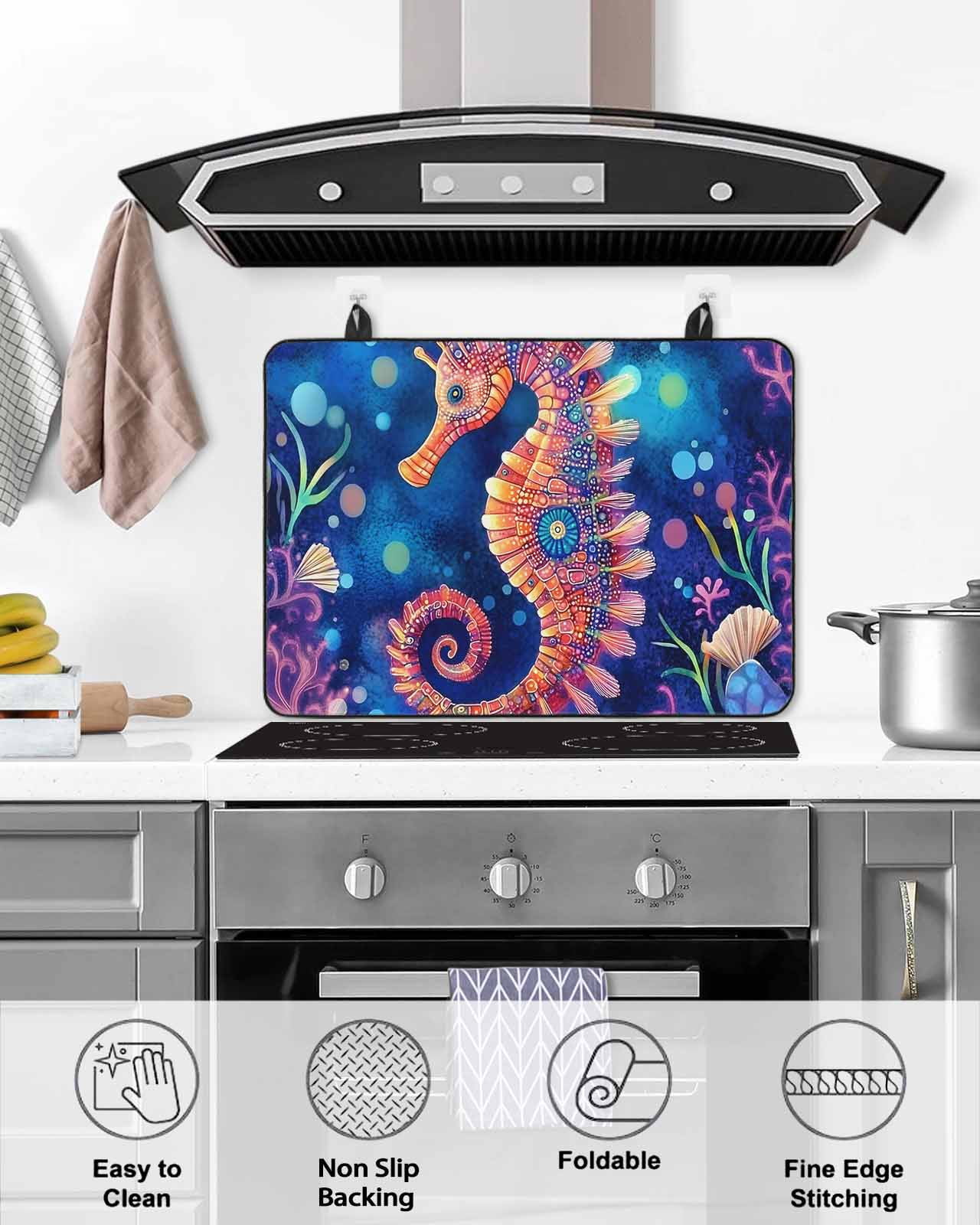 nqOlkjepod Large Induction Cooktop Protector Mat 24"x21", Coastal Seahorse Stove Top Covers for Electric Stove, Summer Watercolor Ocean Coral Stove Burner Cover Mats, Glass Top Stove Cover