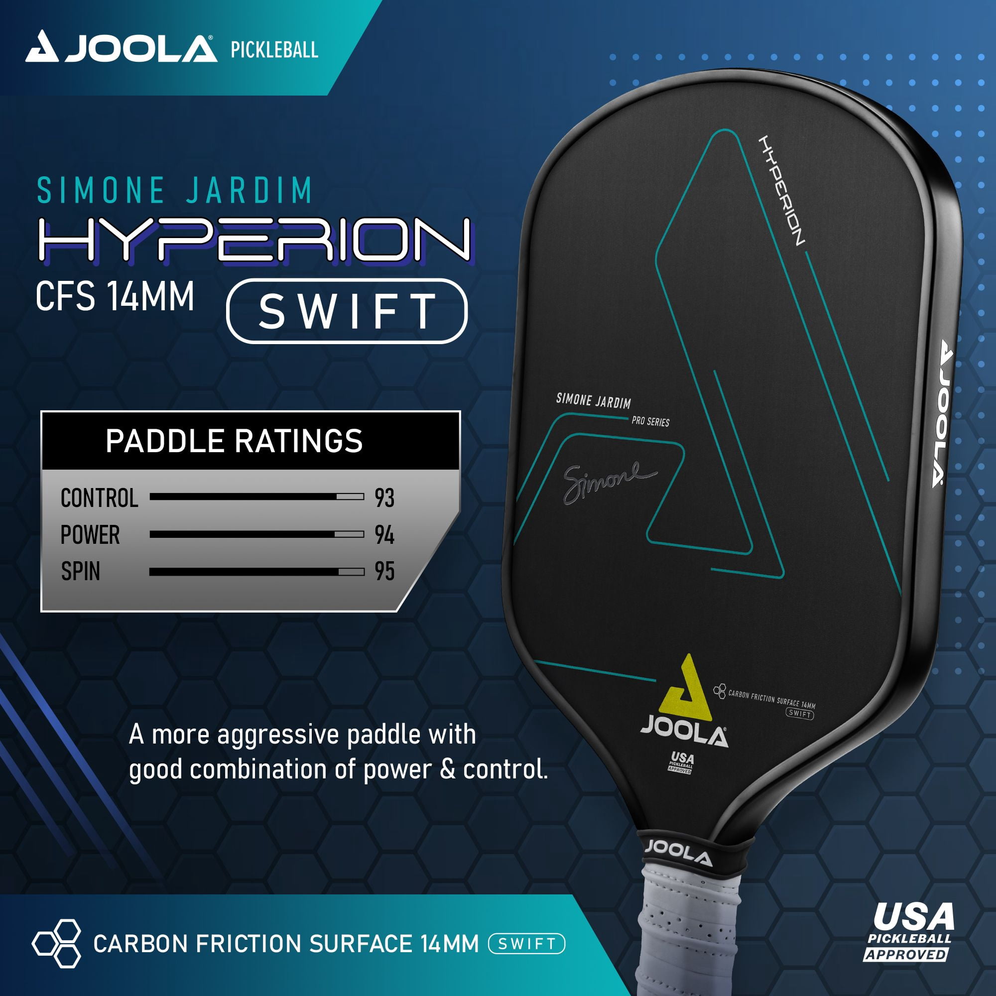 JOOLA Simone Jardim Hyperion CFS 14mm Swift Pickleball Paddle, Black
