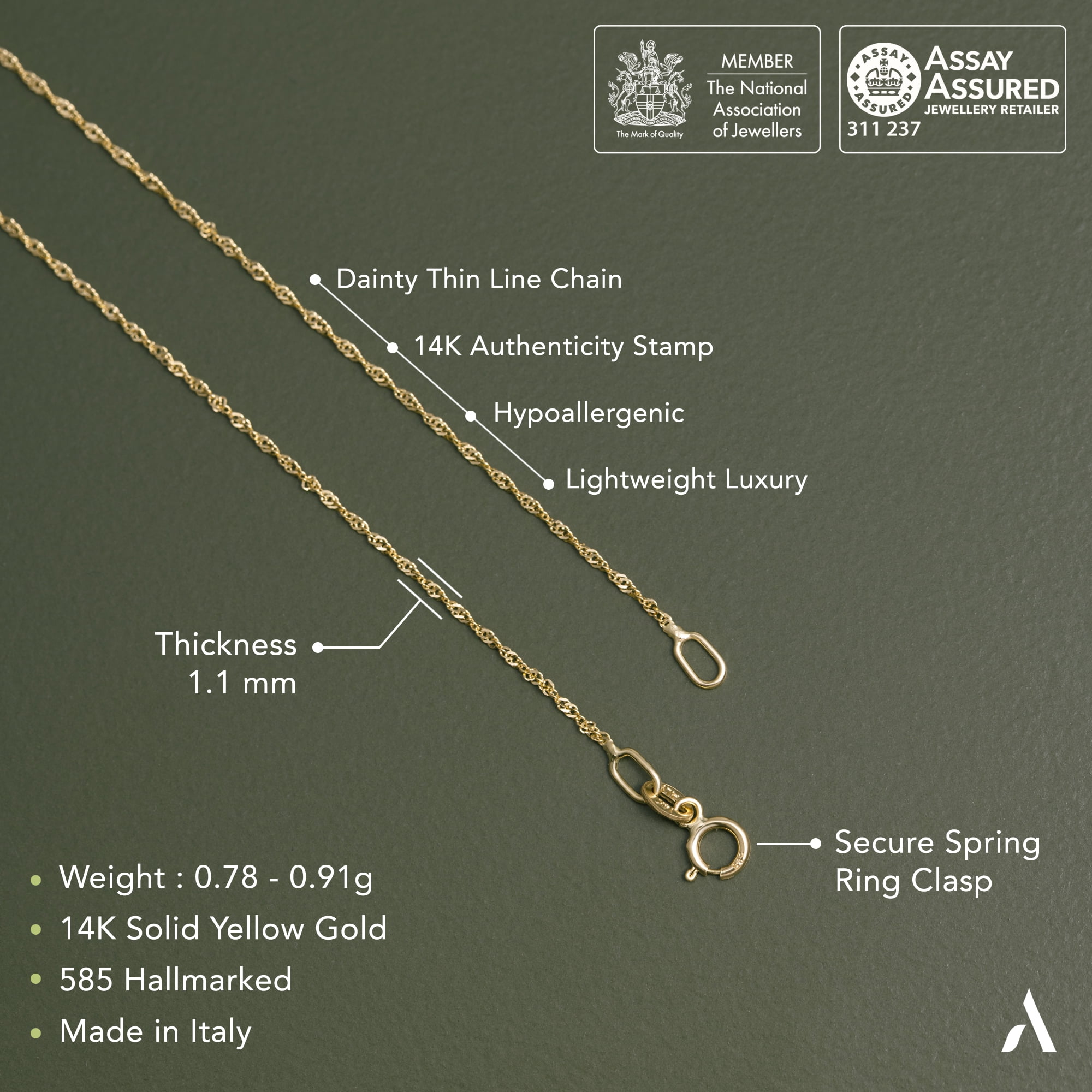 Amberta Real Italian Yellow 14K Gold Necklaces for Women Men | Super Thin Dainty & Sturdy Box Curb Singapore Solid Chain Delicate Choker 16/18/20 inch: 14K Gold Singapore Chain For Women 18 inch