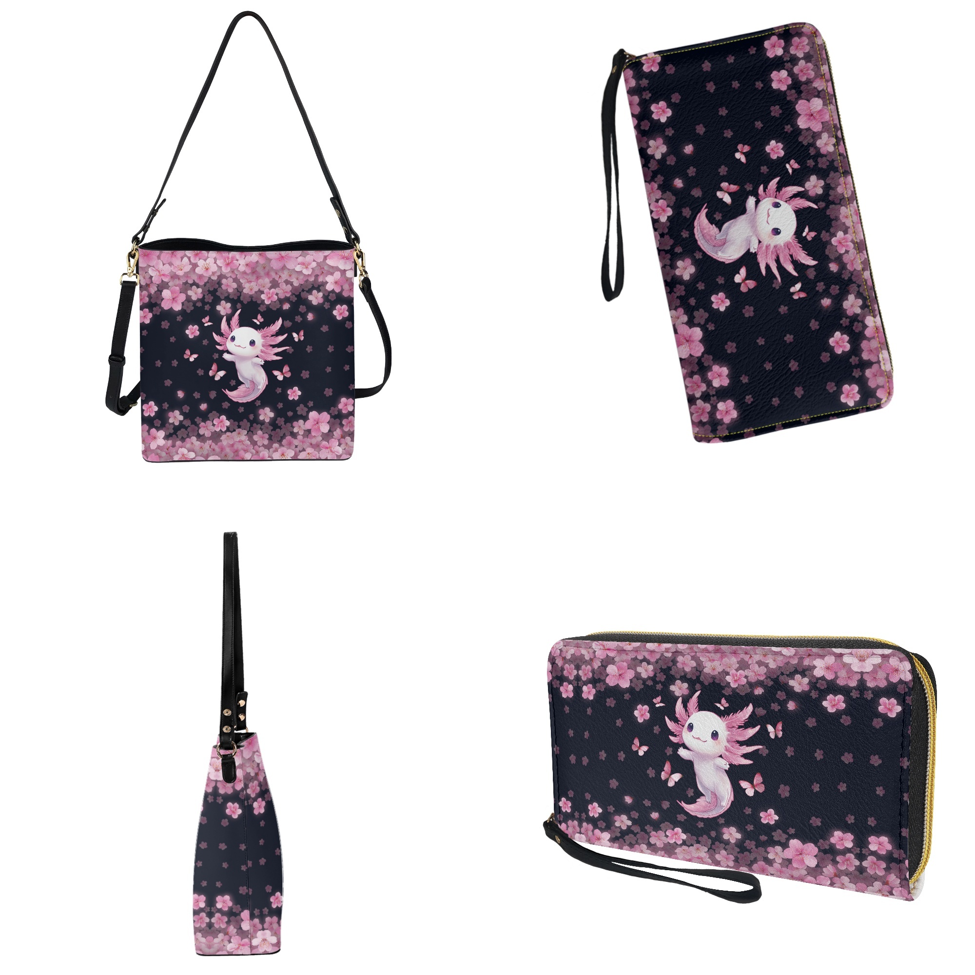 ZUXONGSY Axolotl Cherry Blossom Print Bucket Bag Tote Purse Set for Women Lightweight Top-Handle Handbags with Purse Multipurpose Shoulder Bag with Leather Wallet for Business