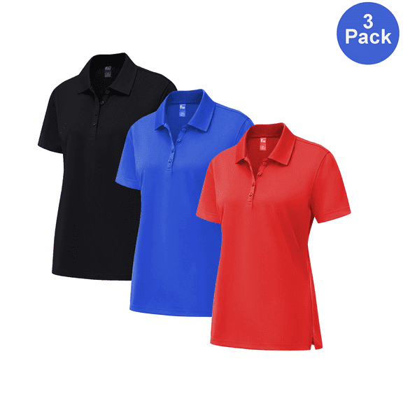Zfeel Women's Pure Dry Fit Poly Polo Shirt, Short Sleeve Moisture-Wicking Tee, Assorted, S, 3 Pack