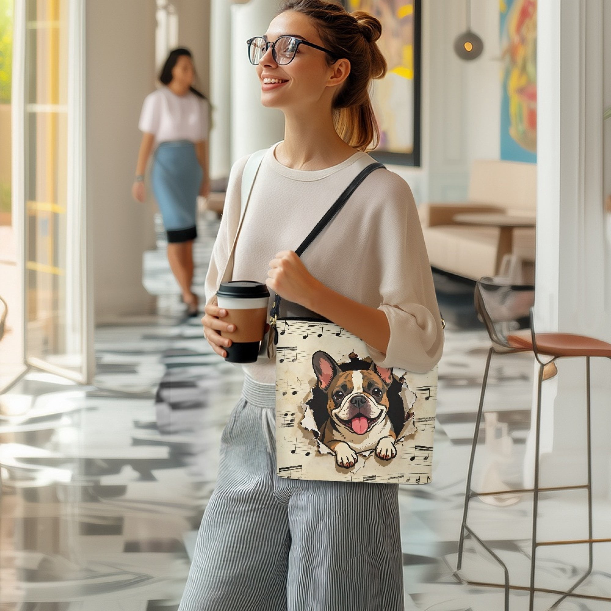 Kuiaobaty French Bulldog Print Crossbody Bag for Women, Musical Note Print Shoulder Handbag Crossbody with Adjustable Strap, Waterproof Leather Bucket Tote Bag for Travel, Beige